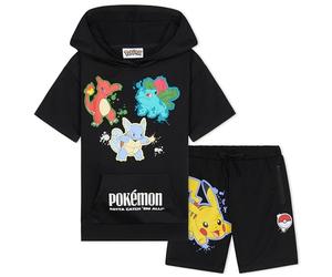Pokémon Chandal Deportivo Conjunto Verano Niño Adolescente de 2 Piezas con Sudadera con Capucha y Pantalon Corto Pikachu Regalo Niños (11-12 Años, Negro)
