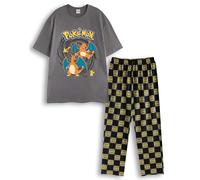 Pokémon Charizard & Pikachu Camiseta gráfica Gris para Hombre | Top de Manga Corta con Cuello Redondo | Ropa de Dormir con Estampado geométrico y de Dibujos Animados