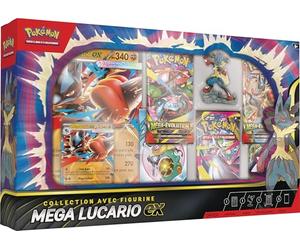 Pokemon - Colección con Figura Mega Lucario-ex (1 Tarjeta Promocional Brillante Texturizada, 1 Tarjeta Promocional de Gran Formato, 5 Refuerzos y 1 Figura de Mega Lucario) del JCC Pokémon
