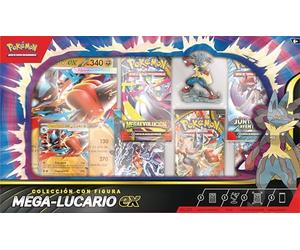 Pokémon: Colección con Figura Mega-Lucario ex de JCC Pokémon (1 Carta holográfica de promoción grabada en Relieve, 1 Carta de promoción de Gran tamaño, 5 Sobres de Mejora y 1 Figura de Mega-Lucario)