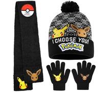 Pokémon Conjunto Bufanda Gorro y Guantes Niño o Guantes y Gorro, Accesorios de Invierno para Niños, Pikachu Regalos de Anime (6-14 Años, Negro, 3 Pcs)