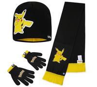 Pokémon Conjunto Bufanda Gorro y Guantes Niño o Guantes y Gorro, Accesorios de Invierno para Niños, Pikachu Regalos de Anime (7-12 Años, Negro/Amarillo, 3 Pcs)
