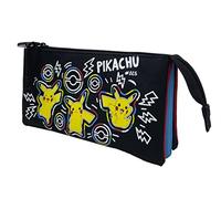 Pokémon- Estuche Triple, Portatodo, 5 Compartimentos, Material Escolar, Estuche, Pikachu, Colorful, Color Negro, Producto Oficial (CyP Brands)