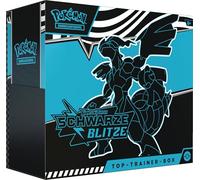 Pokémon - Juego de cartas coleccionables: Top Trainer-Box Carmesin & Purpur - Flash negro: Zekrom (1 tarjeta promocional de pantalla completa con voltolos, 9 paquetes de refuerzo y accesorios premium)
