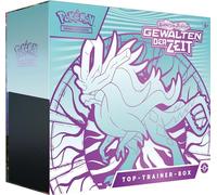 Pokémon Juego de Cartas coleccionables Top Trainer Box Carmesin & Purpur, Violencias del Tiempo: Viento (1 Tarjeta Promocional holográfica de Pantalla Completa con Pelo aleteado, 9 Paquetes de