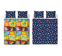 Pokemon - Juego de Funda de edredón Doble Oficial, diseño Retro, Reversible, Color Azul, Pikachu Squirtle Charmander de 2 Caras, Producto Oficial con Fundas de Almohada a Juego
