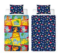 Pokémon Juego de Funda de edredón Infantil con Licencia Oficial Pikachu Bulbasaur Charmander Squirtle diseño Reversible de 2 Caras con Funda de Almohada a Juego | Juego de Cama Individual para