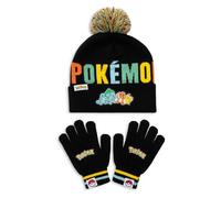Pokémon Juego de gorro y guantes para niños, gorro con guantes elásticos, juego de accesorios de punto de invierno negro, 100% acrílico, talla única