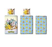 Pokémon Juego de ropa de cama de 3 piezas, 135 x 200 cm, 80 x 80 cm, con sábana bajera ajustable de 90 x 200 cm, con Pikachu de 100% algodón, con diseño reversible y cremallera, certificado Oeko-Tex