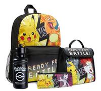 Pokémon Mochila Set, 4 Piezas - Mochila Escolar, Botella de Agua, Billetera, Estuche (Negro/Amarillo)