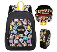 Pokémon Mochila Oficial para Niños de 5 a 12 Años - Mochila Escolar Niño Niña 36x28x12 cm - Compartimento Grande + Bolsillo Frontal - Pikachu Bulbasaur Charmander Eevee - Negro Multicolor