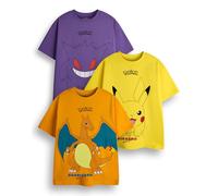 Pokémon - Pack de 3 camisetas para niños | Amarillo, naranja y morado, camiseta gráfica de manga corta | Pikachu Charizard Gengar Gaming - Set de ropa multipack | Merchandising de juego, serie de TV y