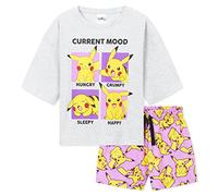 Pokémon Pijama Niña Verano, Pijama Corto Niña, Conjunto Camiseta Manga Corta Crop Top y Pantalón Corto, Ropa Niña Chica Adolescente Merchandising Pikachu Oficial 5-14 Años (9-10 años, Gris/Rosa)