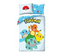 POKEMON PIKACHU Bulbasaur Charizard Squirtle - Juego de ropa de cama Funda nórdica 140 x 200 cm + Funda de almohada 70 x 90 cm - Reversible - 100% Algodón Oeko-Tex - Azul Multicolor
