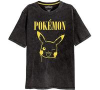 Superheroes Inc. Camiseta oficial de Pokemon Pikachu Grafitti unisex vintage negro lavado ácido premium, Negro, L