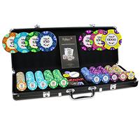 POKEO Maletín de Poker Profesional de Aluminio con 500 Fichas - Set de Poker con 2 Barajas, 5 Dados y Botón Crupier | Texas Hold'em Blackjack Deluxe