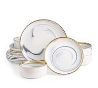 Pokini Juego de vajilla de mármol con borde dorado, platos y cuencos de porcelana, juego de platos de lujo moderno para 4, vajilla de porcelana blanca y gris para ocasiones especiales, lavar a mano