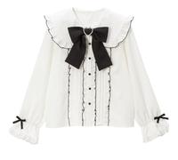 Pokn Jirai Kei Lolita Ropa Cutecore Ropa Kawaii Blusa Gótica Camisa Mujer Encaje Malla Sheer Manga Larga Blusa, Blanco-2, S