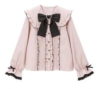 Pokn Jirai Kei Lolita Ropa Cutecore Ropa Kawaii Blusa Gótica Camisa Mujer Encaje Malla Sheer Manga Larga Blusa, Rosado, S