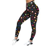 Polainas de mujer con estampado de estrellas neón de colores sobre fondo negro, cintura alta ajustada, estilo festivo de Carnaval, medias opacas para fiestas, salidas y yoga casual, 02-multicolor, S