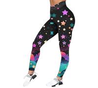 Polainas de mujer con estampado de estrellas neón de colores sobre fondo negro, cintura alta ajustada, estilo festivo de Carnaval, medias opacas para fiestas, salidas y yoga casual, 07-multicolor, S