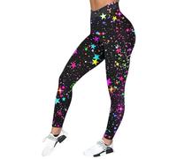 Polainas de mujer con estampado de estrellas neón de colores sobre fondo negro, cintura alta ajustada, estilo festivo de Carnaval, medias opacas para fiestas, salidas y yoga casual, 05-multicolor, L