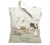 Polar Bear - Bolsa de lona para mujer, diseño de gato juguetón, taza de té, color verde suave, lavable, reutilizable, bolsa de comestibles