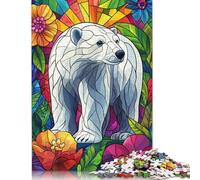Polar Bear in Floral Stained Glass Puzzles Imposible,desafío for Adults Entretenimiento Creativo 1000 Piezas Obra De Arte De Juego De para Adultos Y Niños Mayores De 12 Años 500pcs (52x38cm)