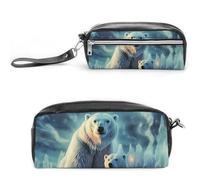 Polar Bears Northern Lights - Estuche para lápices de piel de gran capacidad con cremallera, bolsa de maquillaje pequeña portátil, organizador de suministros de oficina para mujeres y hombres