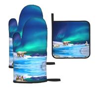 Polar Bears Northern Lights - Juego de guantes de horno con estampado de luces boreales, 3 piezas, guantes resistentes al calor y alfombrilla para ollas para cocinar, hornear y hacer barbacoas