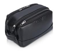 Polare - Neceser de piel de grano completo para hombre, neceser de viaje grande, kit de afeitado, bolsa de lavado con cremalleras YKK, Negro, Retro