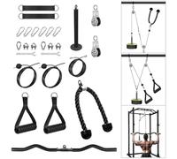 Poleas Gimnasio, Poleas Gimnasio para Casa Doble Polea Gym con Manija Fitness y Cuerda Triceps Cable Máquina de Musculacion en Casa (Set con Manija Mosca, Cuerda de tríceps, Barra polea)