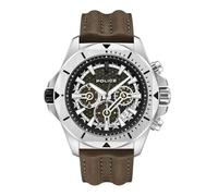 Police Reloj cronógrafo eléctrico con esfera verde caqui y correa de cuero marrón para hombre con caja de acero inoxidable, Marrn, Moderno