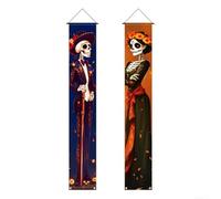 Poliéster Dia De Banner 180cm Largo Poliéster Dia De Banner 180cm | Vibrante diseño de pareja de calavera, patrones de caléndula, festivo, juego de 2 unidades, decoración fácil de vacaciones