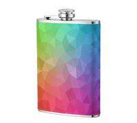Poligonal multicolor que consta de triángulos arcoíris,Frasco de acero inoxidable 304 de 8 oz con funda de cuero sintético, frasco de bolsillo para licor plano para exteriores