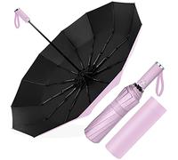 Poligono Paraguas Plegable Automático, Paraguas Plegable Antiviento, Paraguas Grande 12 Varillas para Hombres Mujer, Diámetro 105cm (Rosa)