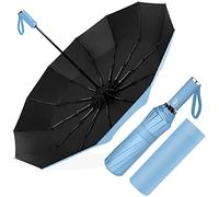 Paraguas Plegable Automático, Paraguas Plegable Antiviento, Paraguas Grande 12 Varillas para Hombres Mujer, Diámetro 105cm (Azul Claro)