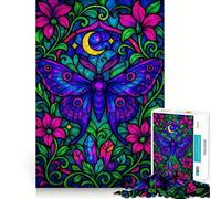 Polilla de vitral de fantasía neón con Luna, Rompecabezas de 1000 Piezas para Adultos, Juguete para ejercitar la Mente, Juguete de diseño Tranquilo y Divertido, Regalo Original (38x52cm)
