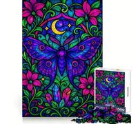 Polilla de vitral de fantasía neón con Luna, Rompecabezas de 1000 Piezas para Adultos, Juguete para ejercitar la Mente, Juguete de diseño Tranquilo y Divertido, Regalo Original (38x52cm)