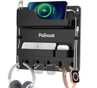 Polinook Organizador de estante de montaje en pared, organizador de soporte de teléfono para mesita de noche, organizador de accesorios adhesivos con ganchos y clip para cables, almacenamiento y