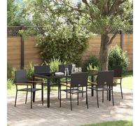 Poliratán templado moderno minimalista Negra 190x90x75 cm 7 piezas | Set de Comedor Exterior 7 Piezas Negro y Madera Poli Rattan para Patio Terraza con Mesa Vidrio Templado Sillones Apilables