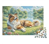 Polish Lowland Sheepdog Rompecabezas de Papel Grueso Cruce de Collie Junto a Lago en Prado de Flores, Regalo de Amigo Invisible Relajante para Personas Mayores 70x50cm/1000 Piezas