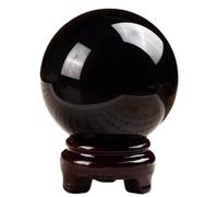Polished Black Obsidian Crystal Ball, Black Quartz Crystal Sphere Ball with Wooden Stand,Feng Shui Crystal Decoration for Home & Office,50mm/1.96in