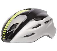 POLISPORT 8739800006 - Casco Aero-R Bicicleta Hombres y Mujeres Ajustable Talla L (58-61cm) con Visera Desmontable y certificación CE en Color Blanco Mate/Negro Brillo/Amarillo Fluor