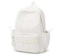 Polka Dot Backpack, Large Capacity Nylon Daypack with Multiple Pockets and Adjustable Padded Straps (White)