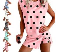 Polka Dot Women 2 Piece Skort Set Ribbed Trim Tank Split Mini Skort Matching Set Summer Workout Lounge Outfits (Pink,XXL)