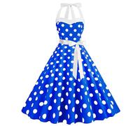 Polka Dress for Women Party Dresses A-Line Neck Swing with Belt, (2)(Blue,L)