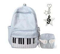 Polkadot Piano Backpack, Piano Polka Dot Print Y2K School Backpack with Pendant, Large Capacity Lightweight Bookbag for School, Travel and Work (Blue Set)
