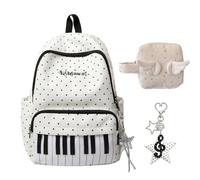 Polkadot Piano Backpack, Piano Polka Dot Print Y2K School Backpack with Pendant, Large Capacity Lightweight Bookbag for School, Travel and Work (White Set)