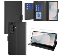Pollachi 9 Tarjetas Funda con Samsung Galaxy S25 FE Magnética Funda Cartera de Piel con 1 Pieza de Templado Protectora,Puede Utilizarse como Soporte,Anti-Polvo,Anti-Goteo-Negro